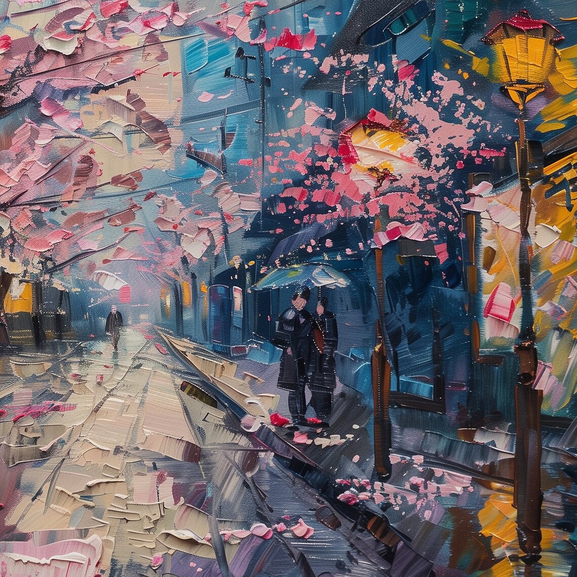 Cherry Blossom Street Rainy Night Pink Petals City Painting Wall Art - Image 6
