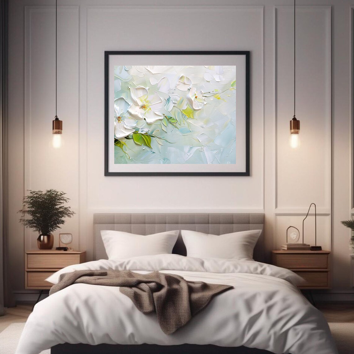 White Flower Oil Painting Soft Blooms Palette Knife Artwork Poster - Image 2