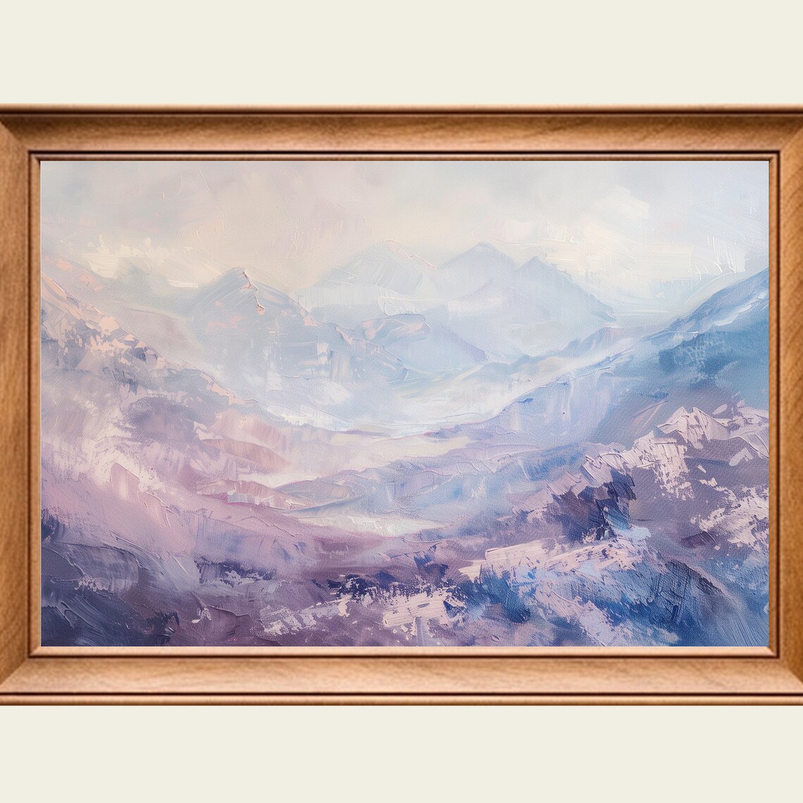 Misty Purple Mountain Valley Painting Foggy Peaks Serene Art Poster