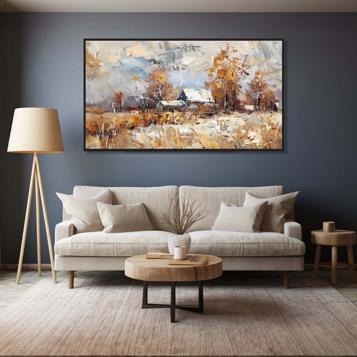 Snowy Rustic Barn Autumn Farm Landscape Vintage Oil Painting Wall Art - Image 4