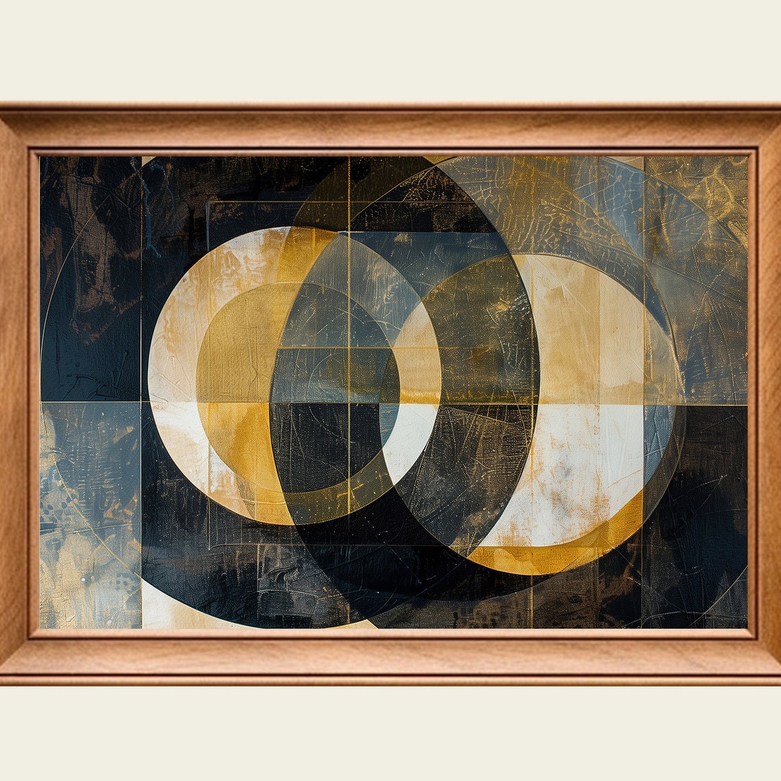 Black Gold Interlocking Circles Dark Moody Modern Abstract Wall Art