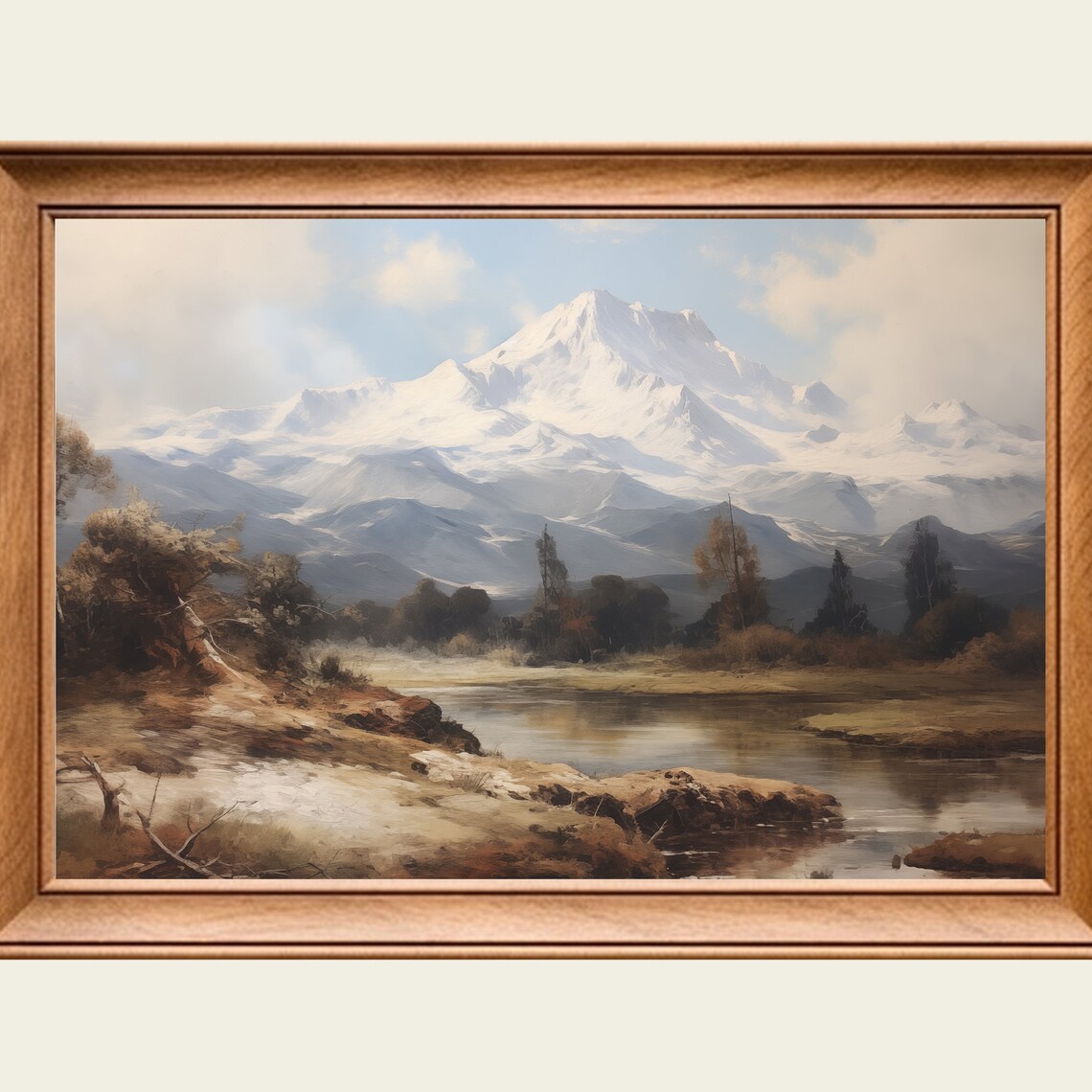 Snow Capped Mountain Lake Vintage Alpine Landscape Oil Painting Poster