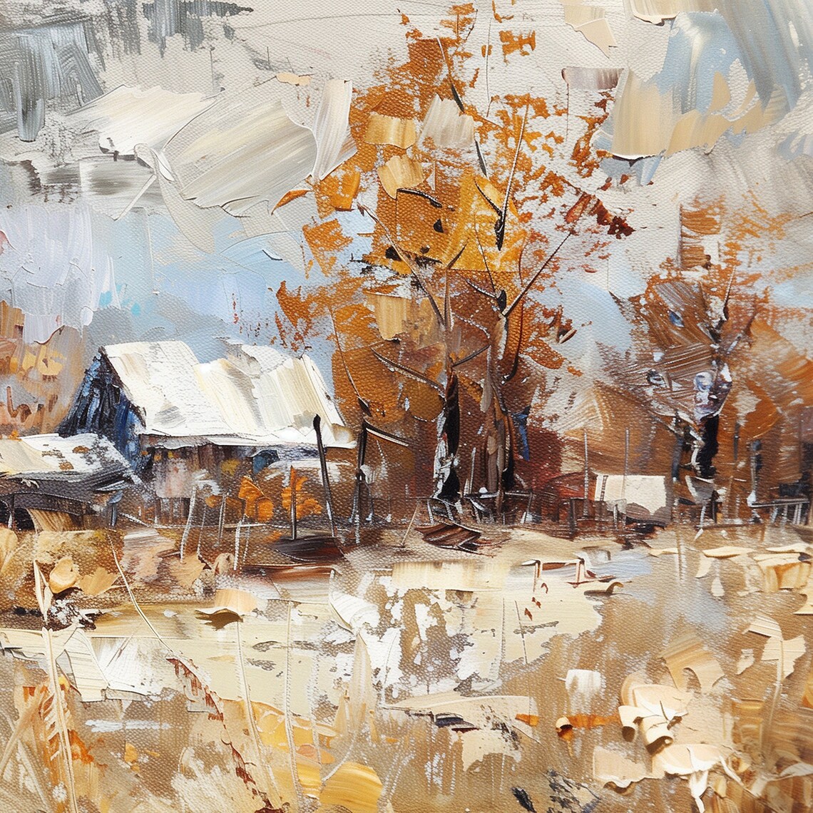 Snowy Rustic Barn Autumn Farm Landscape Vintage Oil Painting Wall Art - Image 6