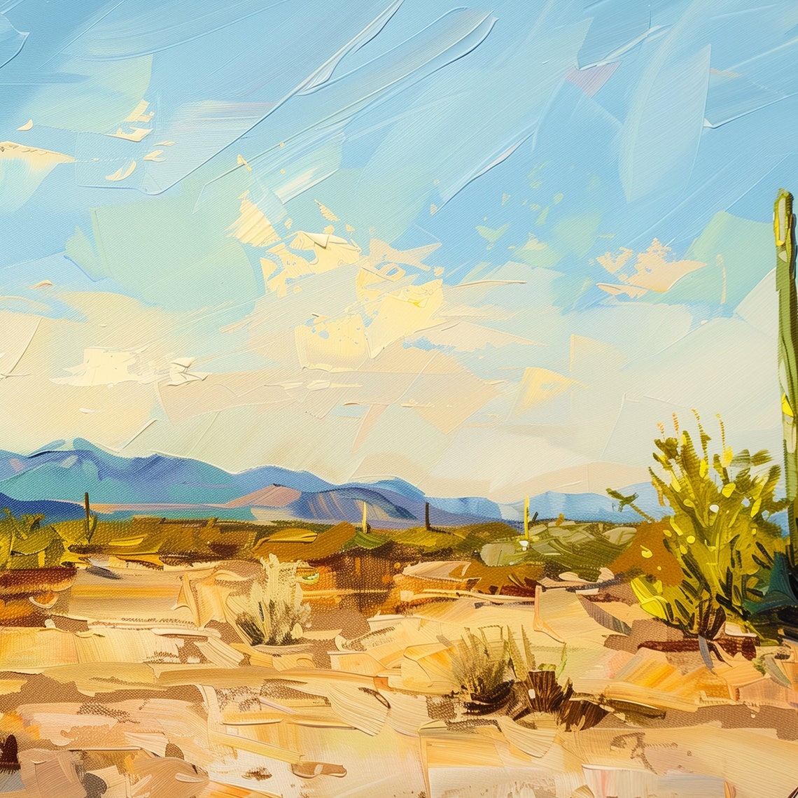 Bright Sunny Desert Saguaro Cactus Blue Sky Mountain Painting Wall Art - Image 6
