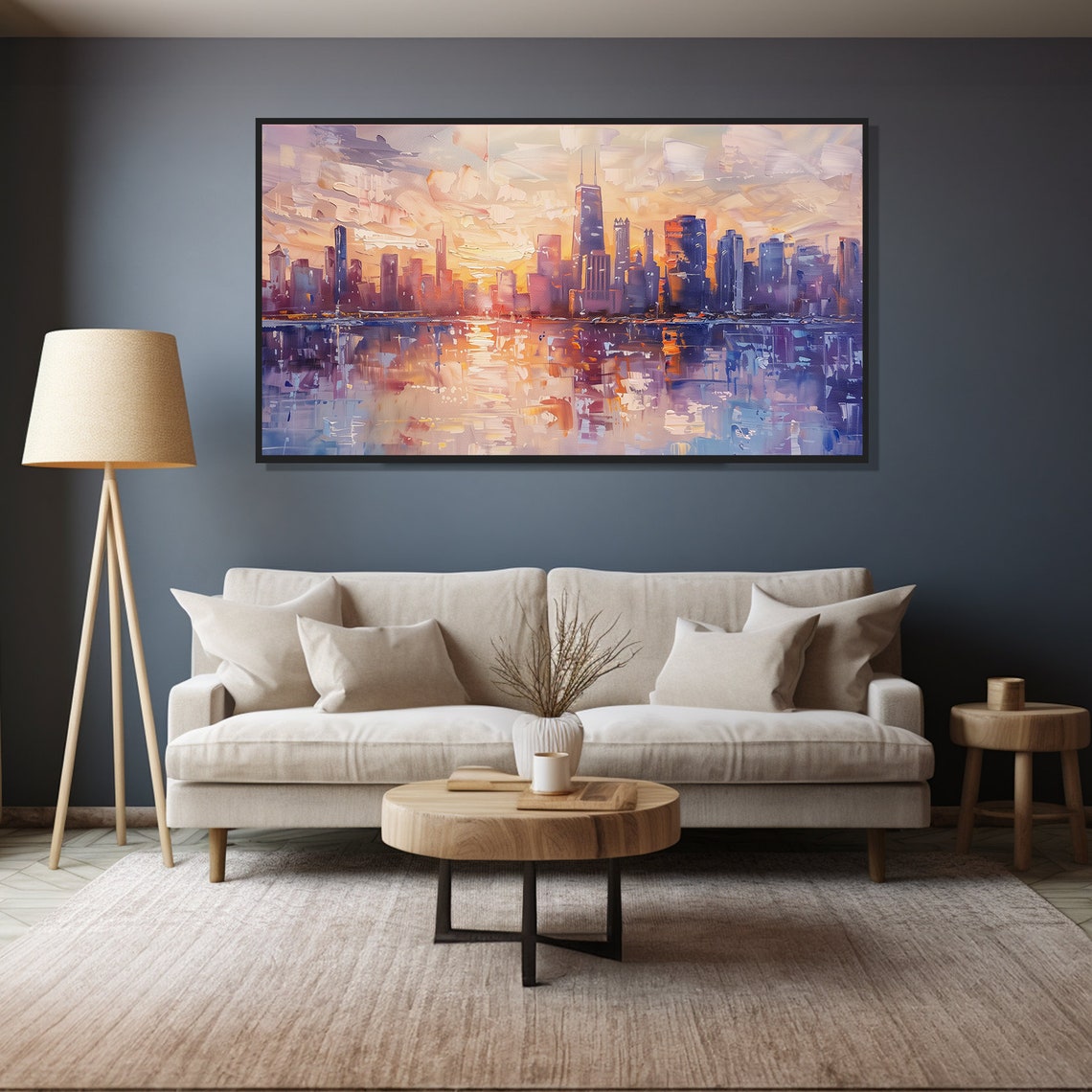 Chicago Skyline Sunset Reflection Lake Impressionist Painting Wall Art - Image 5