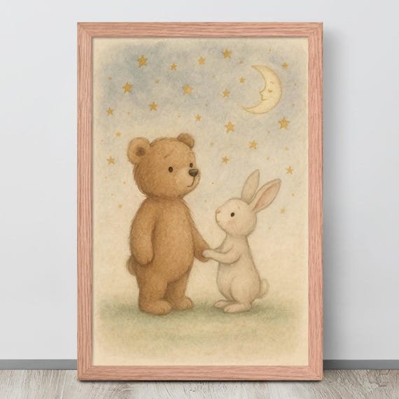 Teddy Bear And Bunny, Nursery Decor Watercolor