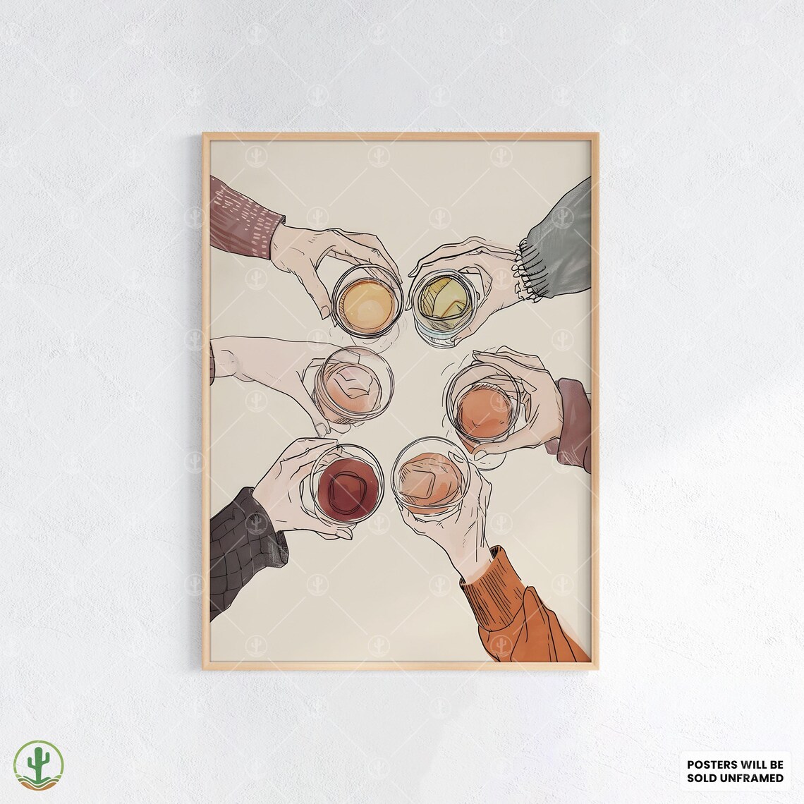 Cheers Friends Toasting Cocktails Warm Illustration Party Art Poster