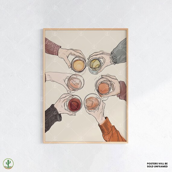 Cheers Together Wall Art Print Artistic Hand Holding Cocktails Illustration For Bar Lounge Kitchen Or Social Gathering Decor