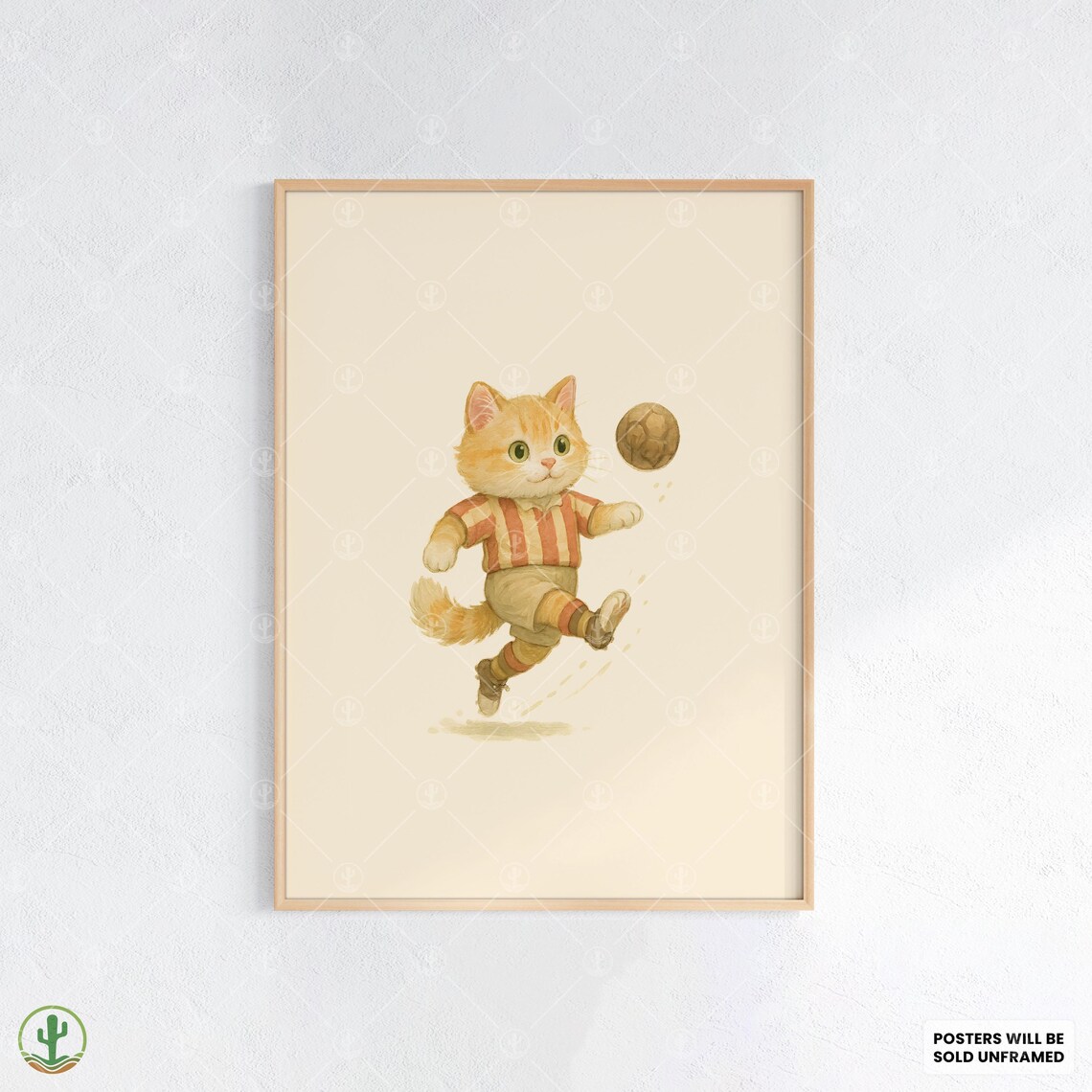Cute Ginger Kitten Kicking Soccer Ball Striped Jersey Watercolor Poster