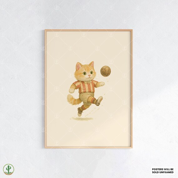 Cute Ginger Kitten Kicking Soccer Ball Striped Jersey Watercolor Poster