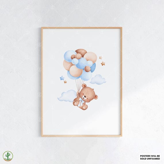 Flying Bear With Balloons Nursery Wall Art Print Cute Baby Room Decor Animal Kids Poster