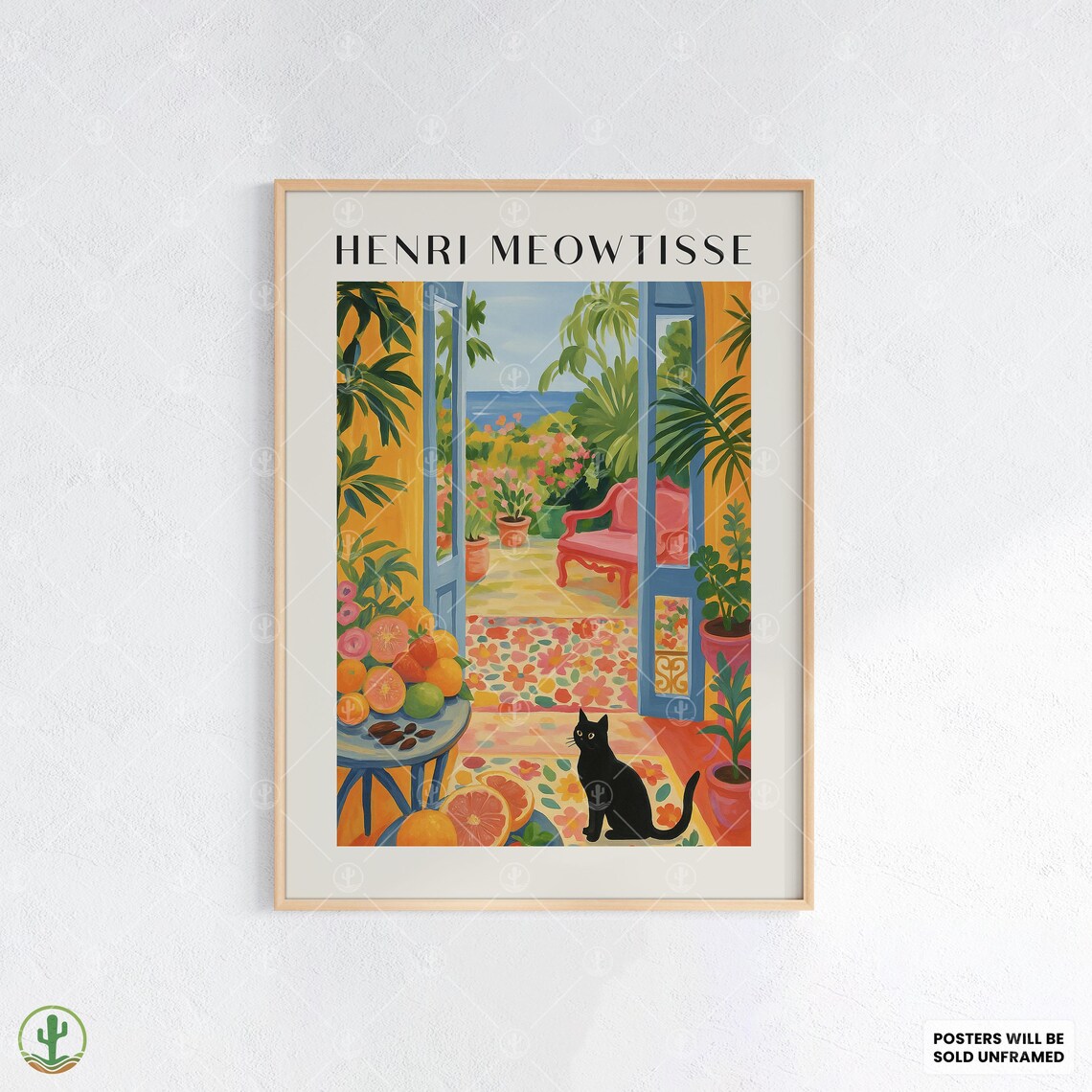 Henri Meowtisse Black Cat Terrace Whimsical Feline Art Poster