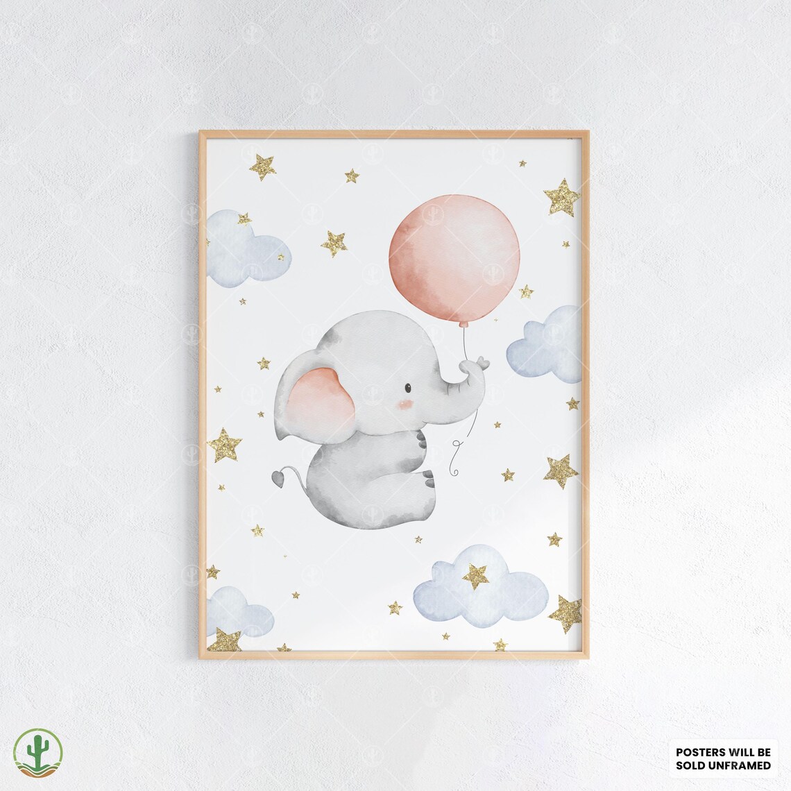 Baby Elephant Floating With Pink Balloon Watercolor Nursery Poster