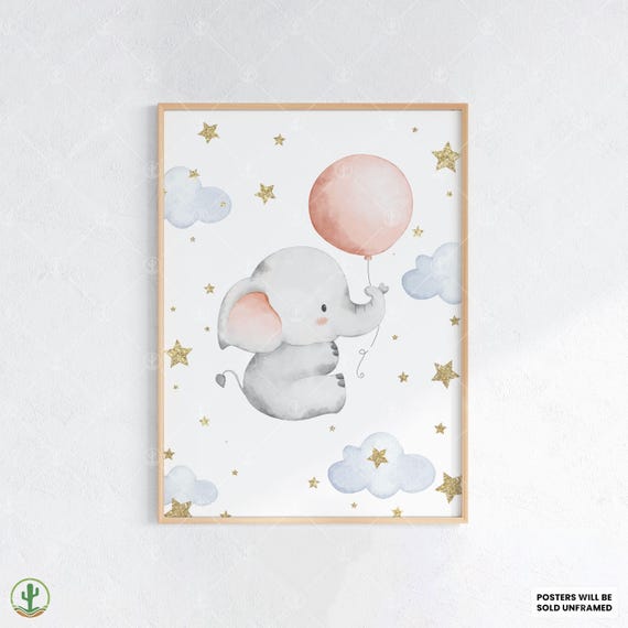 Balloon Elephant Dream Nursery Wall Art Print Cute Baby Room Decor Animal Kids Poster
