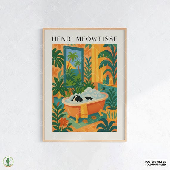 Tropical Henri Matisse Style Dog Bathroom Art Print Black And White Relaxing In Bubble Bath With Palm View Bold Jungle Decor