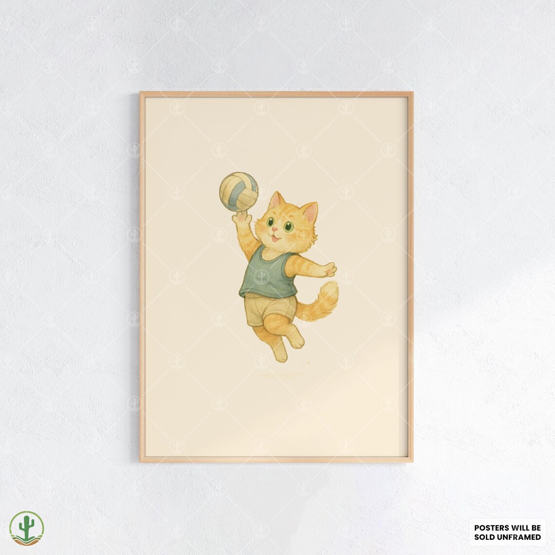 Orange Tabby Kitten Volleyball Spike Jump Watercolor Kids Art Print