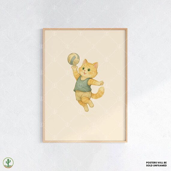 Orange Tabby Kitten Volleyball Spike Jump Watercolor Kids Art Print