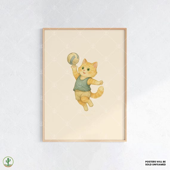 Volleyball Cat Watercolor Wall Art Playful Orange Tabby Kitten Jumping To Spike Poster Print For Sports Fans And Lover Decor