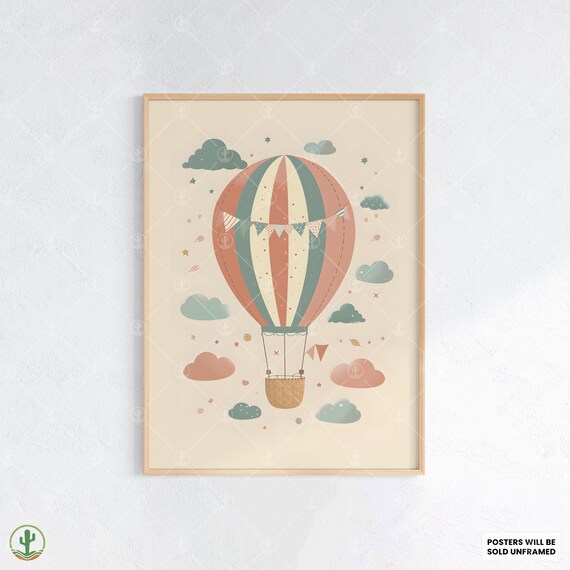 Vintage Hot Air Balloon Nursery Cute Clouds Stars Kids Poster