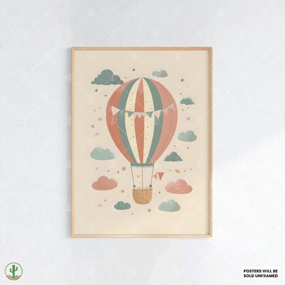 Whimsical Hot Air Balloon Nursery Wall Art Print Cute Baby Room Decor Animal Kids Poster