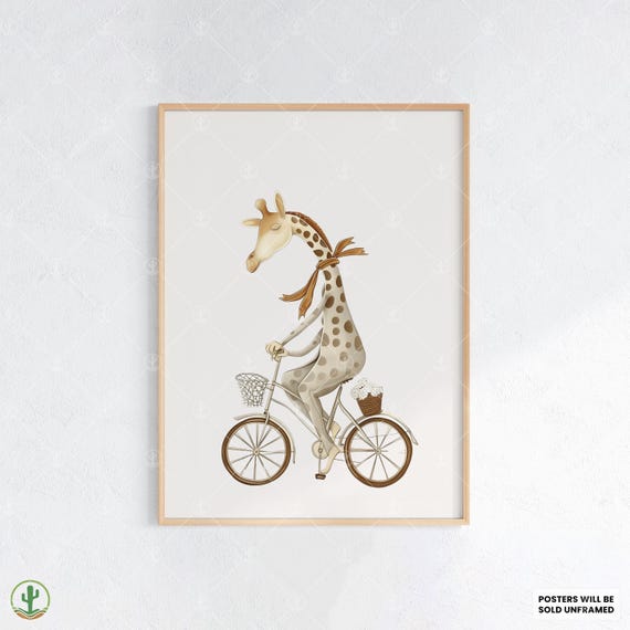 Bicycle Giraffe Illustration Nursery Wall Art Print Cute Baby Room Decor Animal Kids Poster