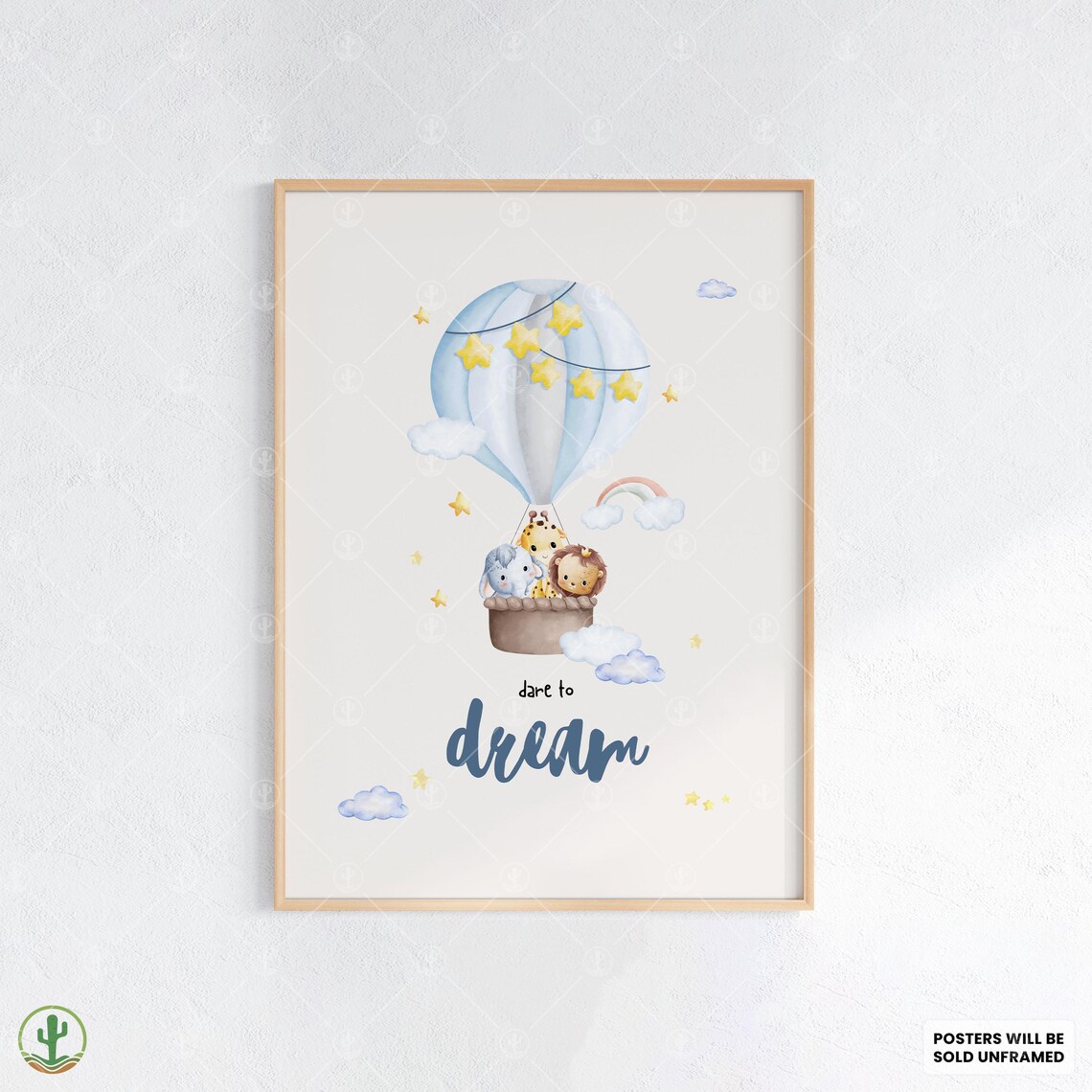 Dare To Dream Hot Air Balloon Baby Animals Stars Nursery Poster