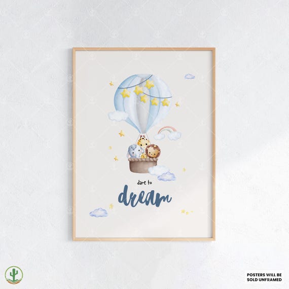 Dare To Dream Balloon Safari Nursery Wall Art Print Cute Baby Room Decor Animal Kids Poster
