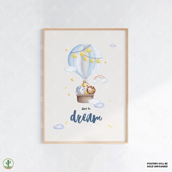 Dare To Dream Hot Air Balloon Baby Animals Stars Nursery Poster