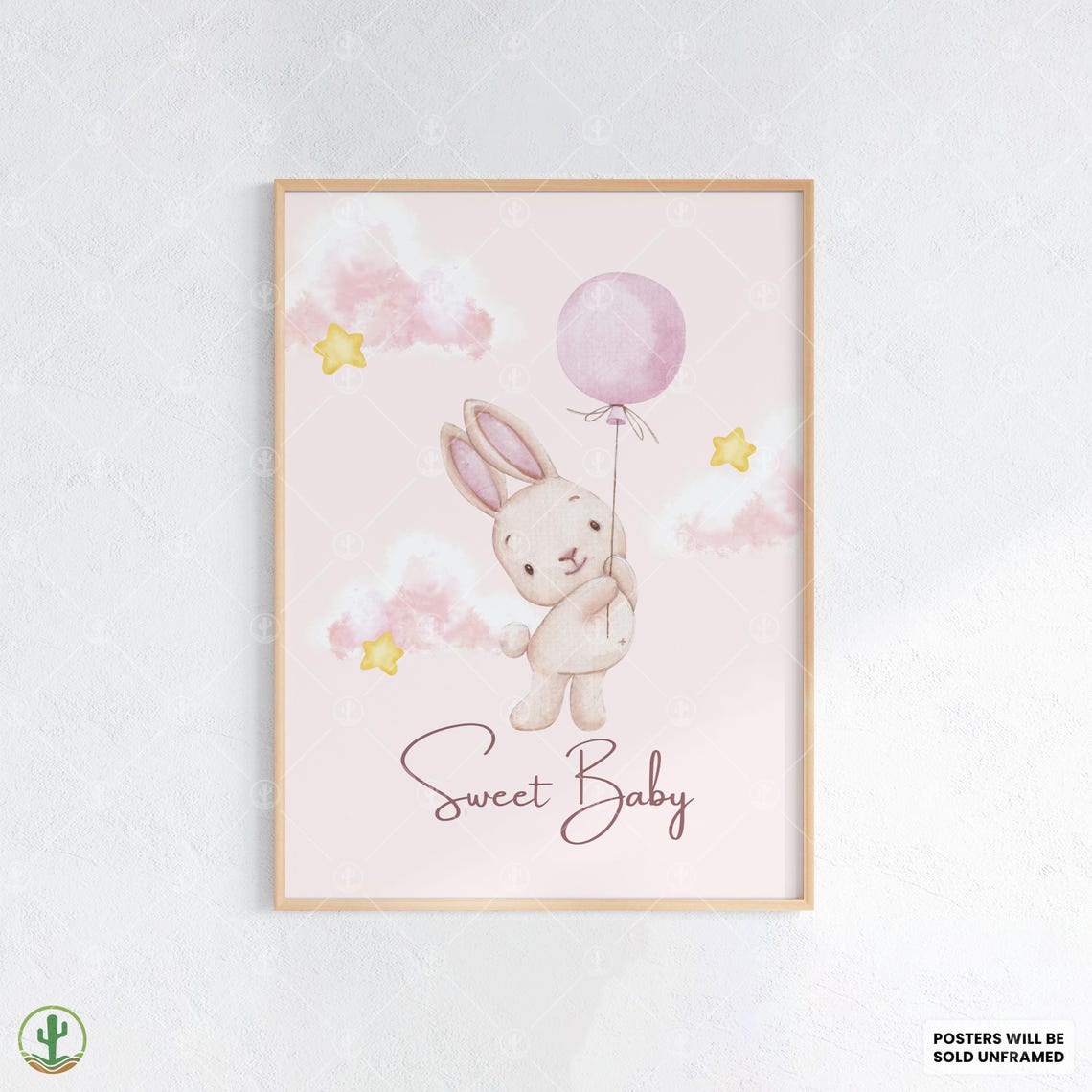 Sweet Baby Bunny With Pink Balloon Soft Watercolor Nursery Poster