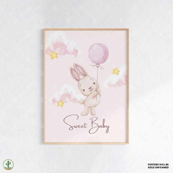 Balloon Bunny Dreams Nursery Wall Art Print Cute Baby Room Decor Animal Kids Poster