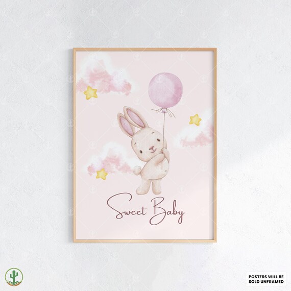 Sweet Baby Bunny With Pink Balloon Soft Watercolor Nursery Poster