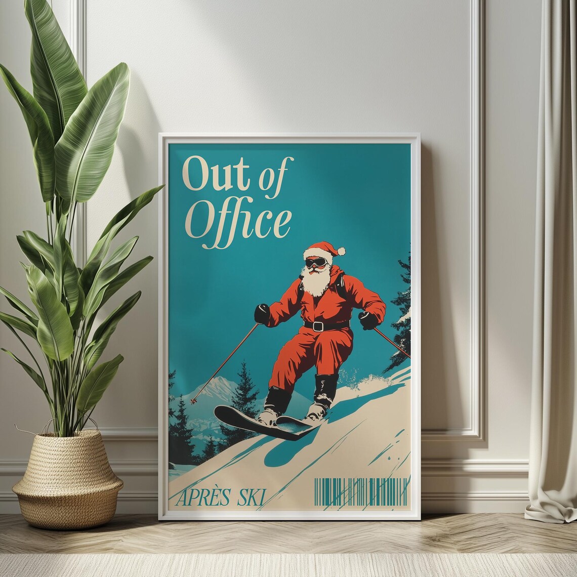 Out Of Office Skiing Santa Teal Retro Christmas Holiday Scene Poster - Image 3