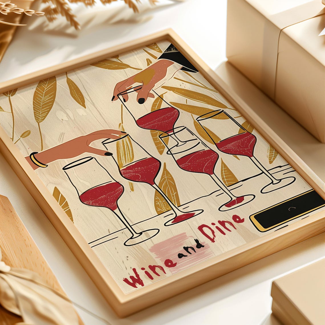 Wine and Dine Toast Hands Red Wine Glasses Hand Drawn Art Poster - Image 3
