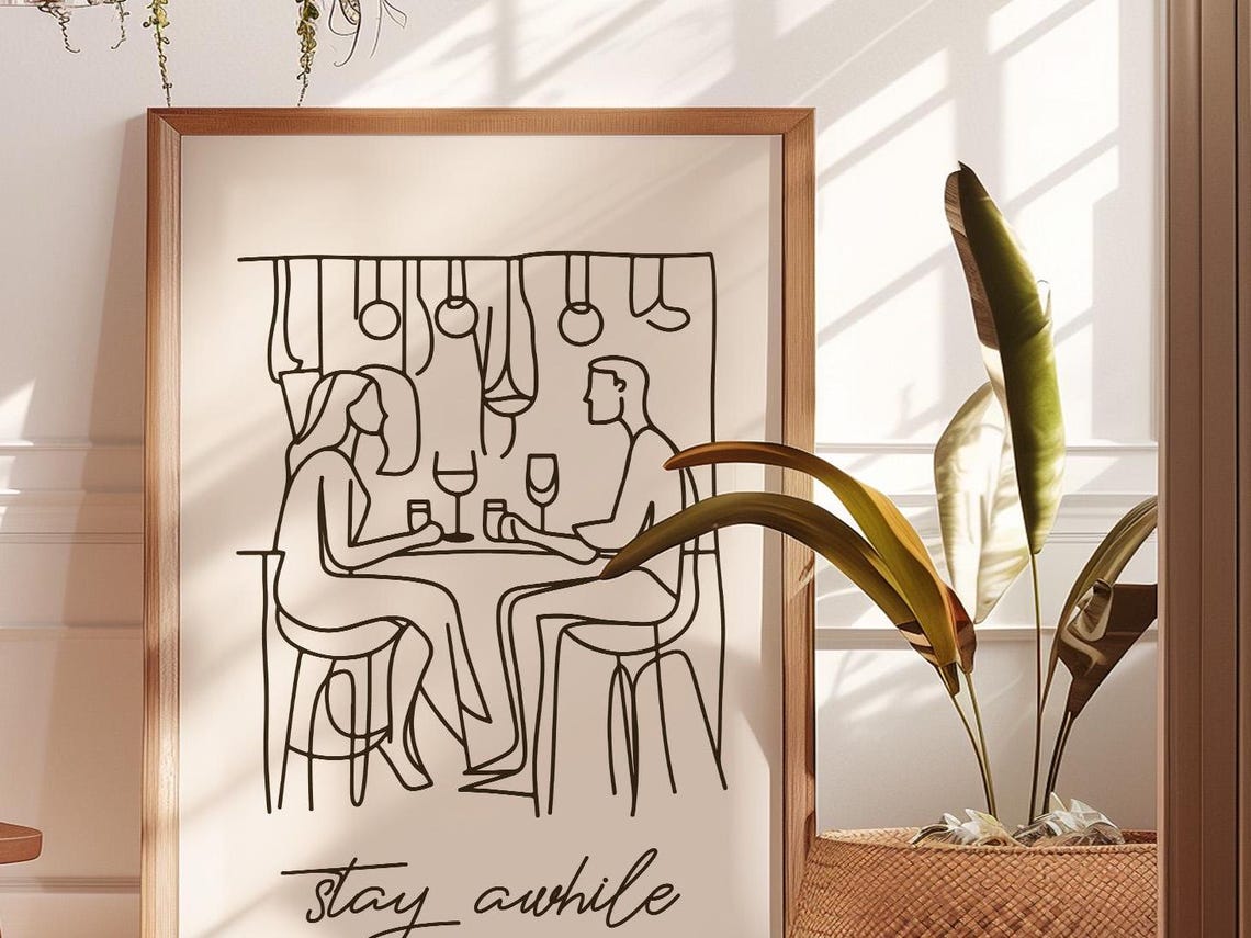 Stay Awhile Minimalist Single Line Art Couple Dining Room Poster - Image 3