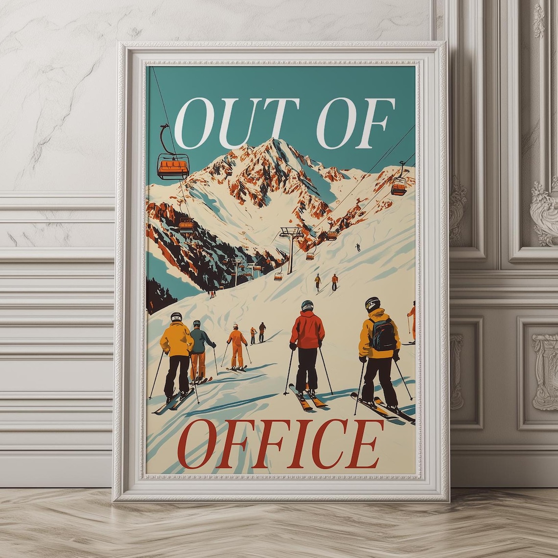 Out Of Office Retro Ski Resort Gondolas And Slopes Travel Scene Poster - Image 3