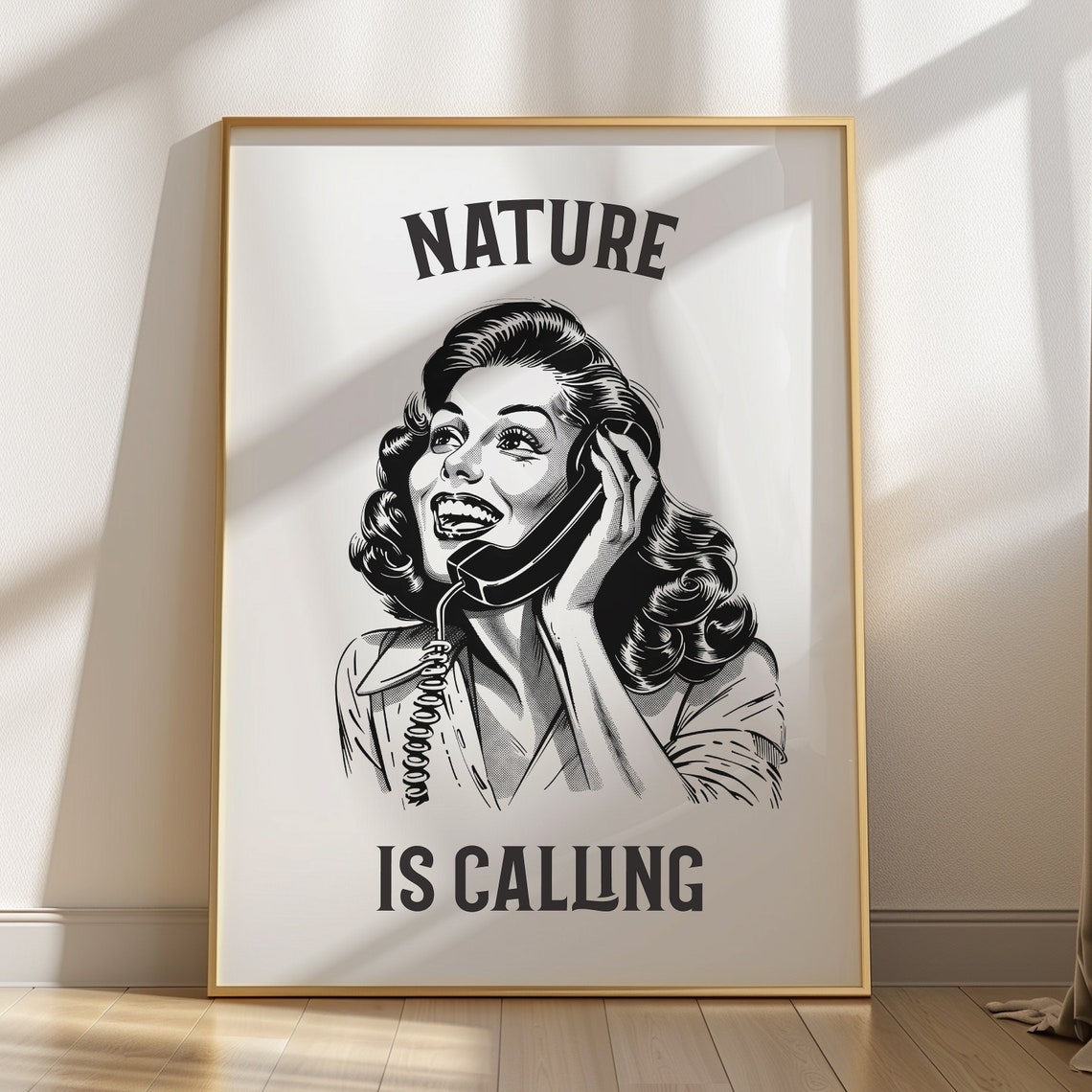 Nature Is Calling Retro Woman On Phone Funny Bathroom Art Poster