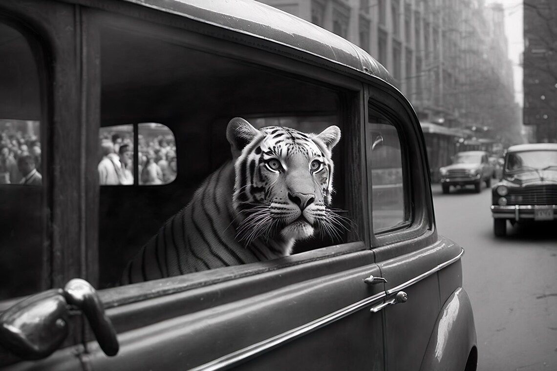 Tiger Riding In A Car In New York City, Vintage Poster
