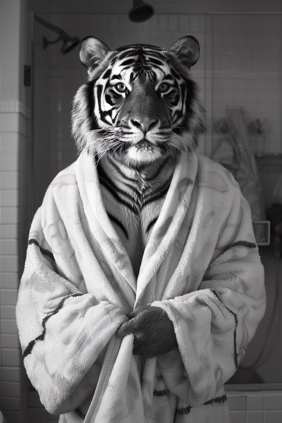 Tiger In A Bathrobe Funny Bathroom Wall Art Quirky Animal Art Funny Tiger In Bath Humor Print Home Ai Wall Art Prints