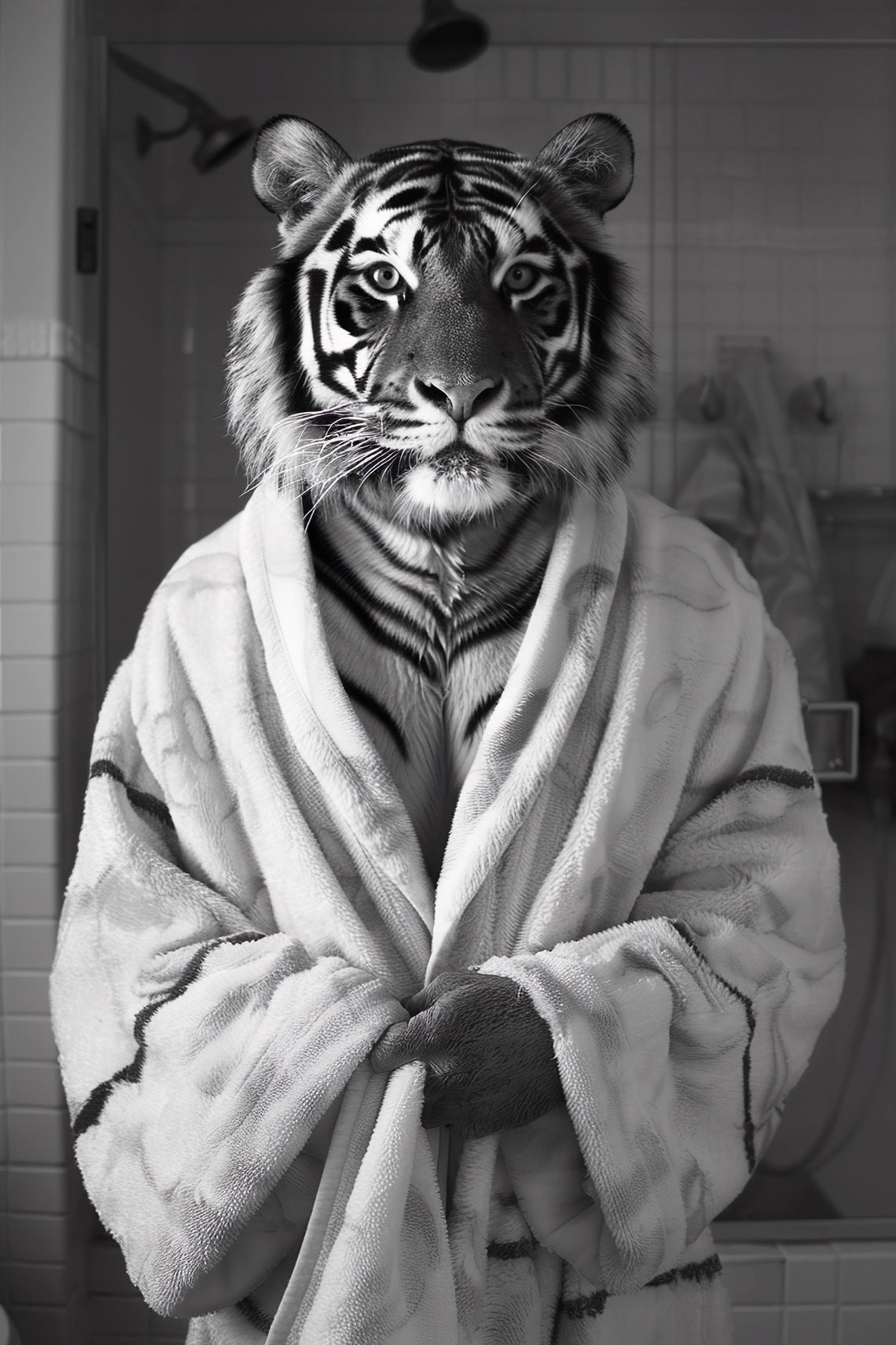 Tiger Bathrobe Funny Bathroom Black And White Animal Wall Art