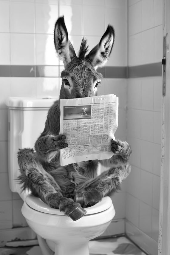 Donkey Sitting On The Toilet Reading A Newspaper Funny Bathroom Wall Art Funny Vintage Style Animal Photo Animal Print Ai Art