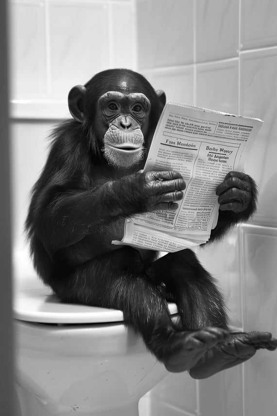 Monkey Sitting On The Toilet Reading A Newspaper Funny Bathroom Wall Art Funny Vintage Style Animal Photo Animal Print Ai Art