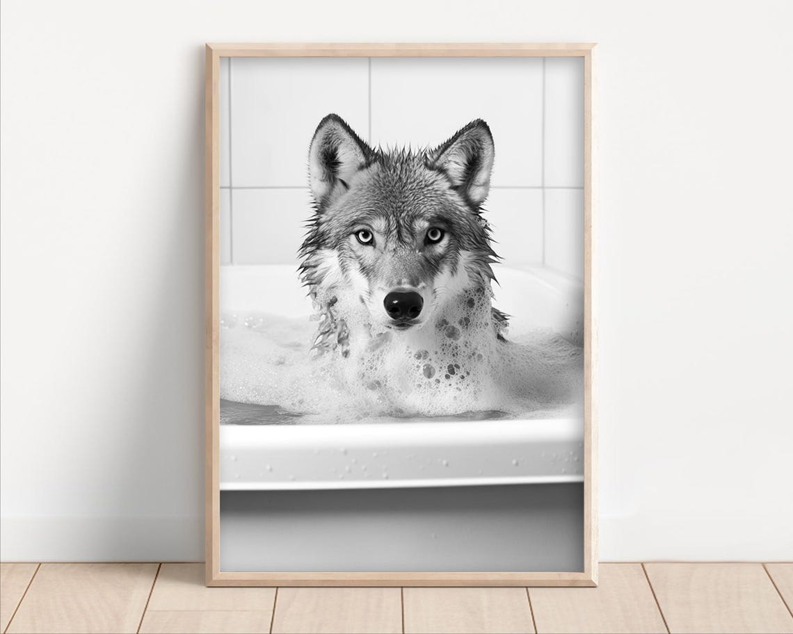 Wolf Bubble Bath Black White Funny Bathroom Humor Animal Photo Poster
