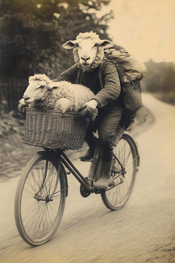 Sheep Riding A Bike Funny Animal Wall Art Sheep With Bicycle Funny Vintage Style Animal Photo Cute Retro Home Print Ai Art