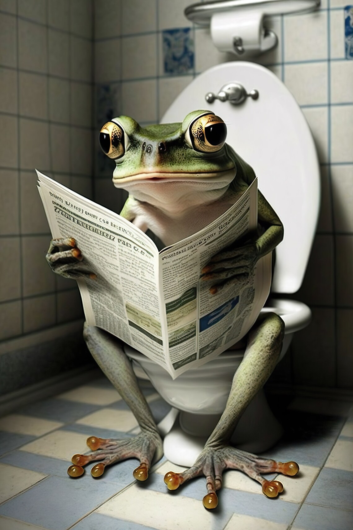 Frog Sitting on the Toilet Reading a Newspaper Poster