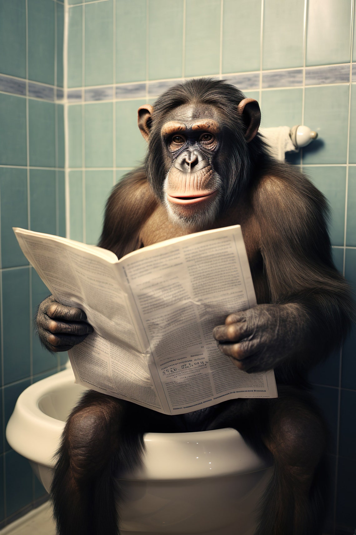 Chimpanzee Reading Newspaper on Toilet Funny Bathroom Poster