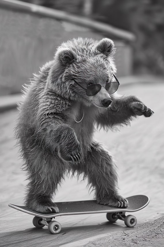 Bear Skateboarding Funny Animal Wall Art Bear On Skateboard Print Funny Vintage Bear Photo Black White Photography Ai Art