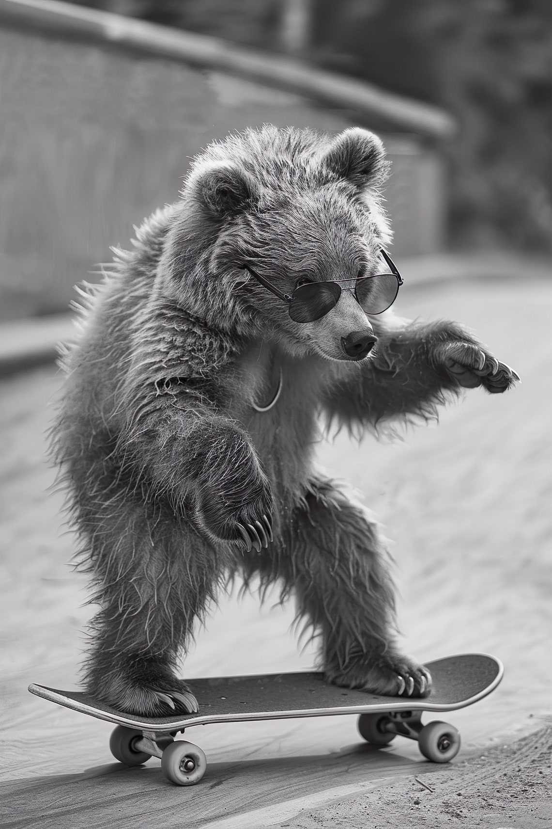 Funny Bear Cub Sunglasses Skateboard Black And White Photo Print