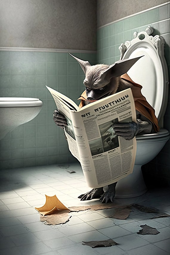 Bat Sitting On The Toilet Reading A Newspaper Funny Bathroom Humor Wall Decor Funny Animal Print Home Ai Prints