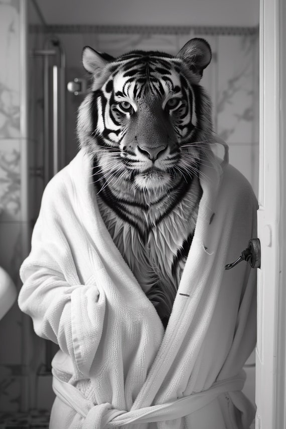 Tiger In A Bathrobe Funny Bathroom Wall Art Quirky Animal Art Funny Tiger In Bath Humor Print Home Ai Wall Art Prints