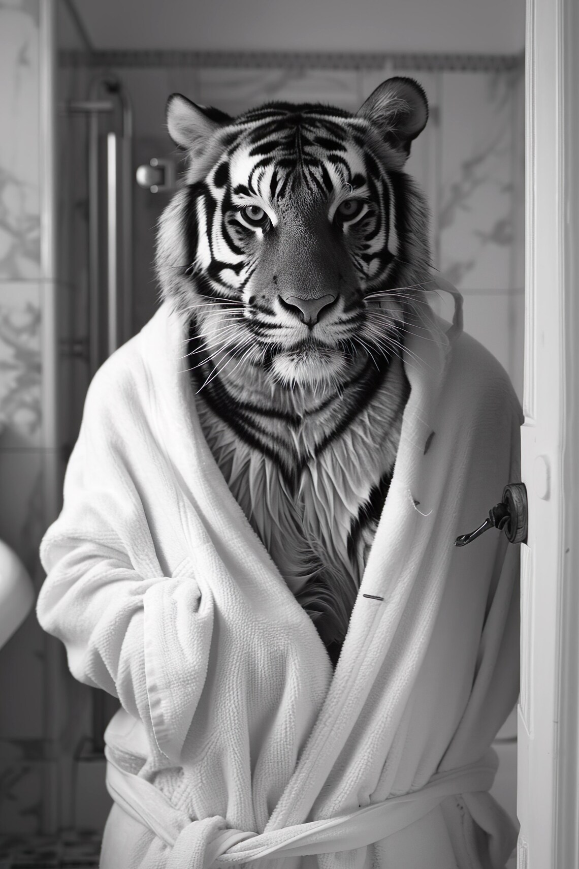 Tiger In Bathrobe Black And White Bathroom Humor Animal Wall Art